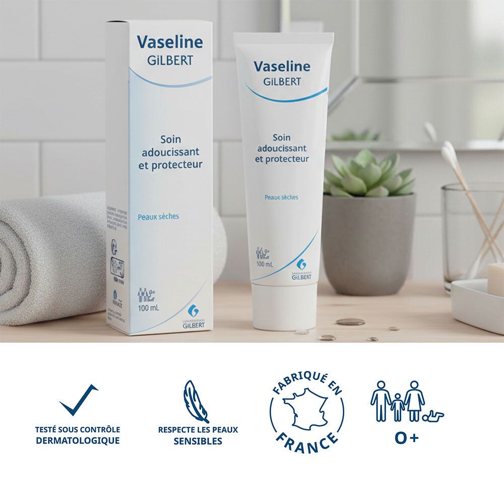 Emballage produit avec tube et boîte. Texte: Vaseline Gilbert. Testé dermatologiquement. Respecte les peaux sensibles.