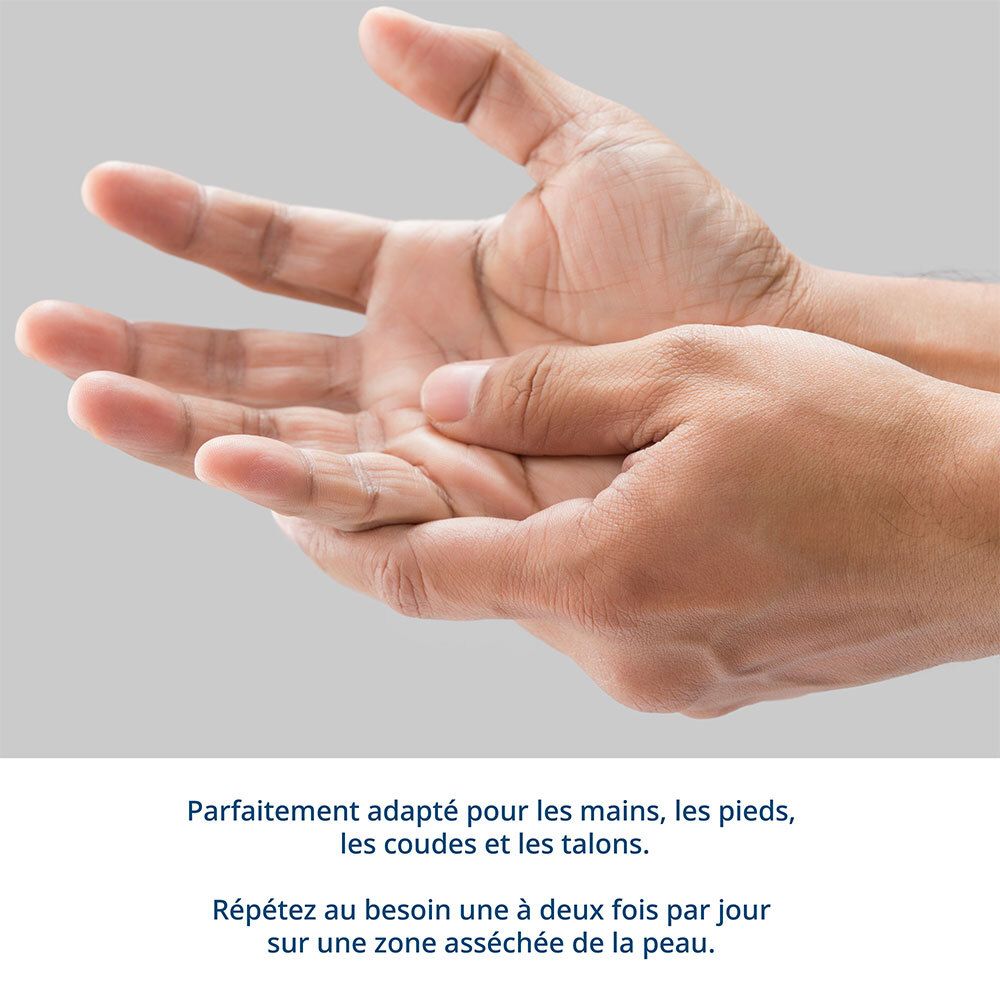 Mains qui s'appliquent de la crème. Texte: Parfait pour les mains, les pieds, les coudes et les talons. 1-2 fois par jour.