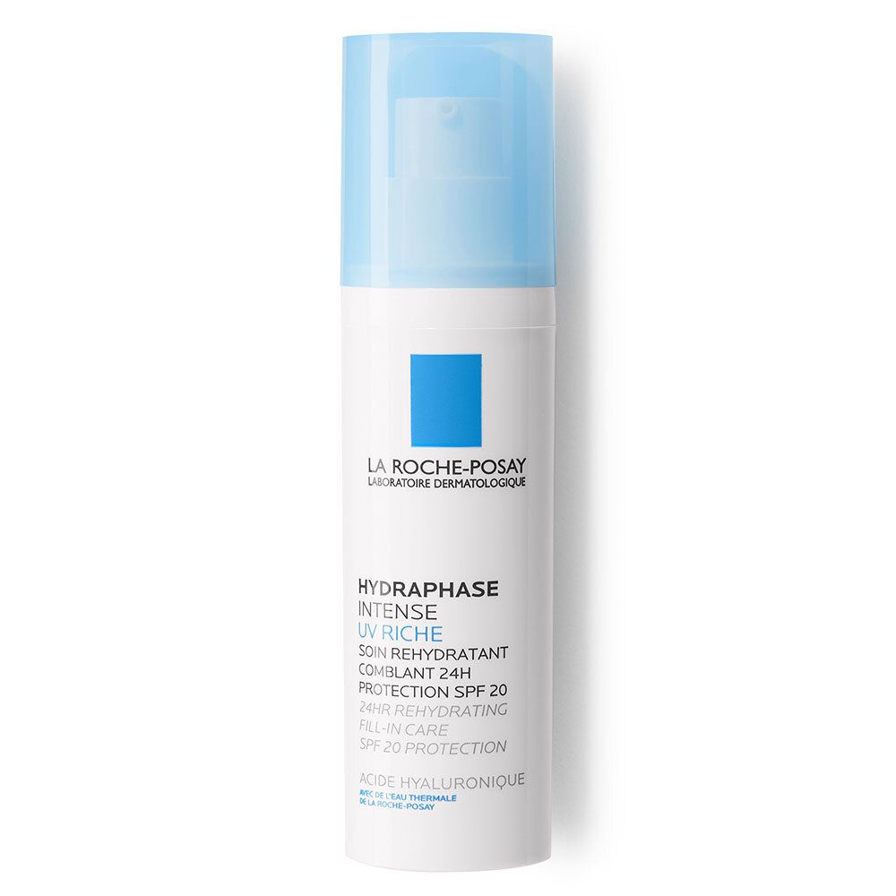 Flacon blanc et bleu avec inscription LA ROCHE-POSAY. Nom du produit : HYDRAPHASE INTENSE UV RICHE. Avec SPF 20.