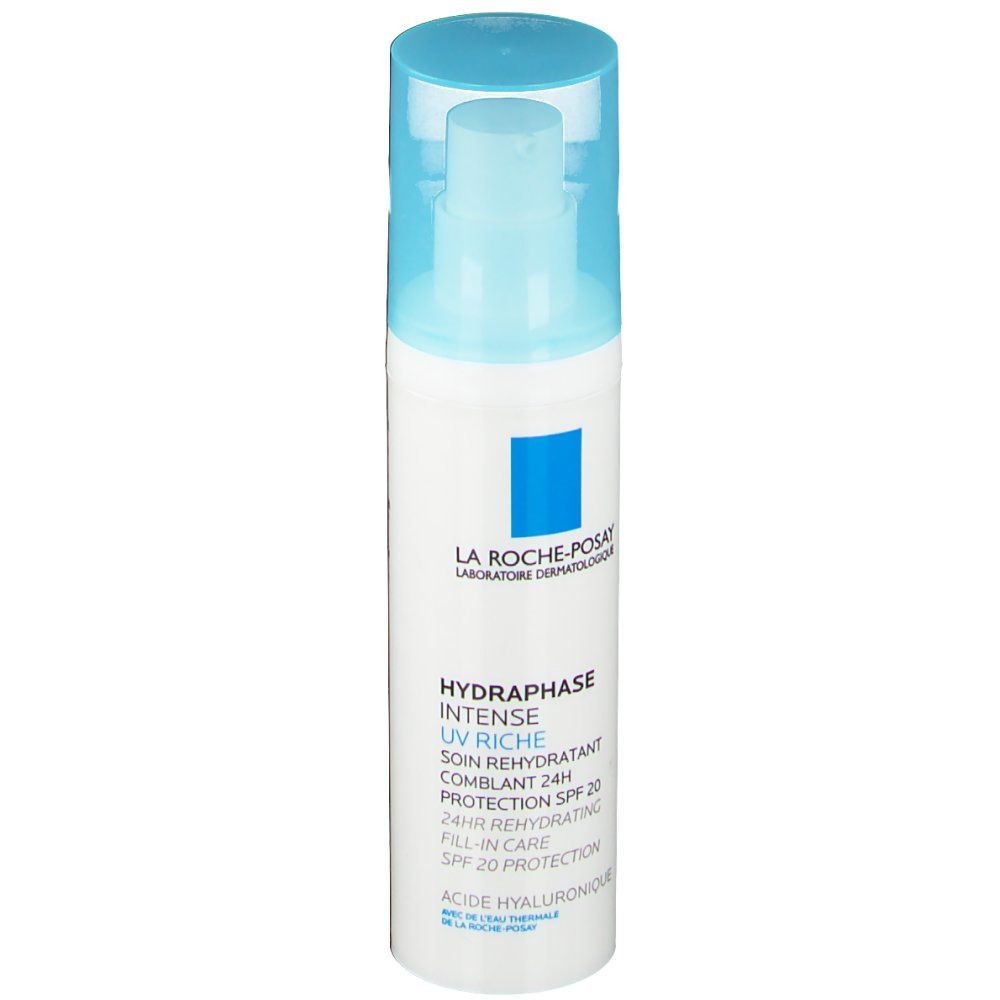 Flacon blanc et bleu avec inscription LA ROCHE-POSAY. Nom du produit : HYDRAPHASE INTENSE UV RICHE. Avec SPF 20.