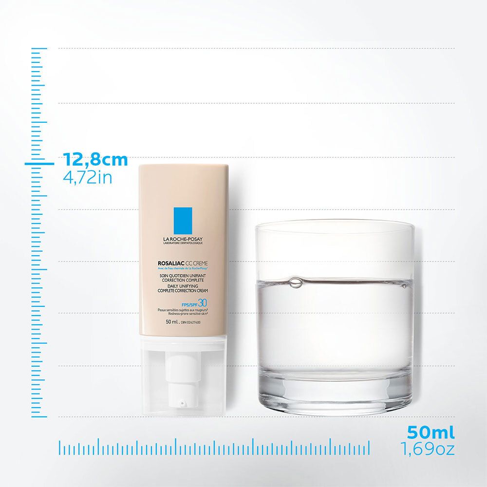 Produit à côté d'un récipient en verre. Produit : LA ROCHE-POSAY ROSALIAC CC CREME. Dimensions : 12,8 cm de haut, 4,72 pouces. Récipient : 50 ml, 1,69 oz.
