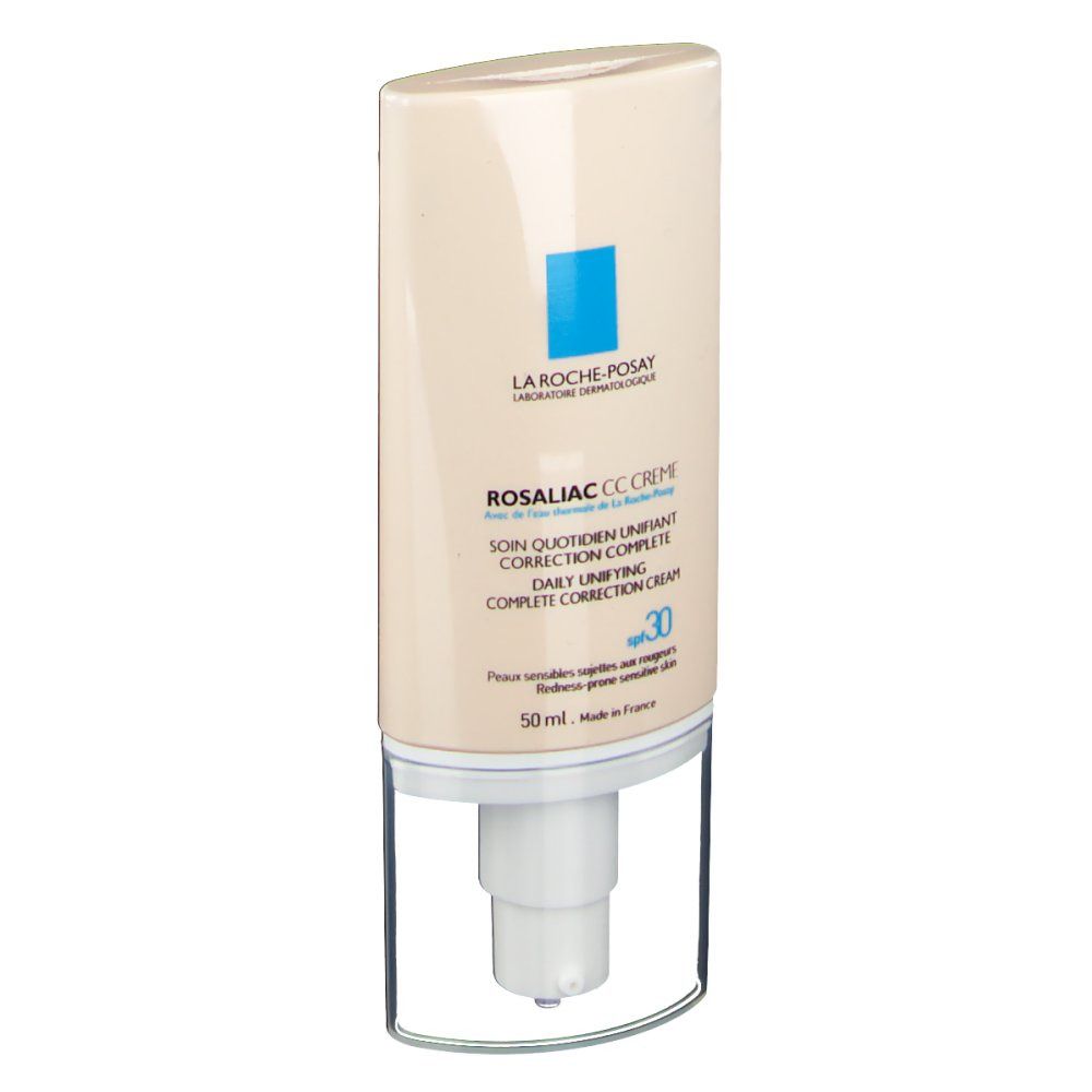 Tube de crème avec pompe. Inscription : LA ROCHE-POSAY ROSALIAC CC CREME. SPF 30. 50 ml.