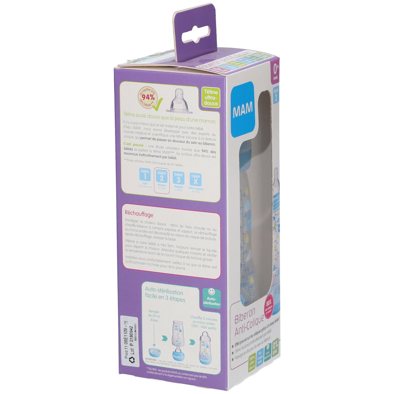 MAM Biberon anti-colique 260 ml de 0 à 6 mois motif Bleu