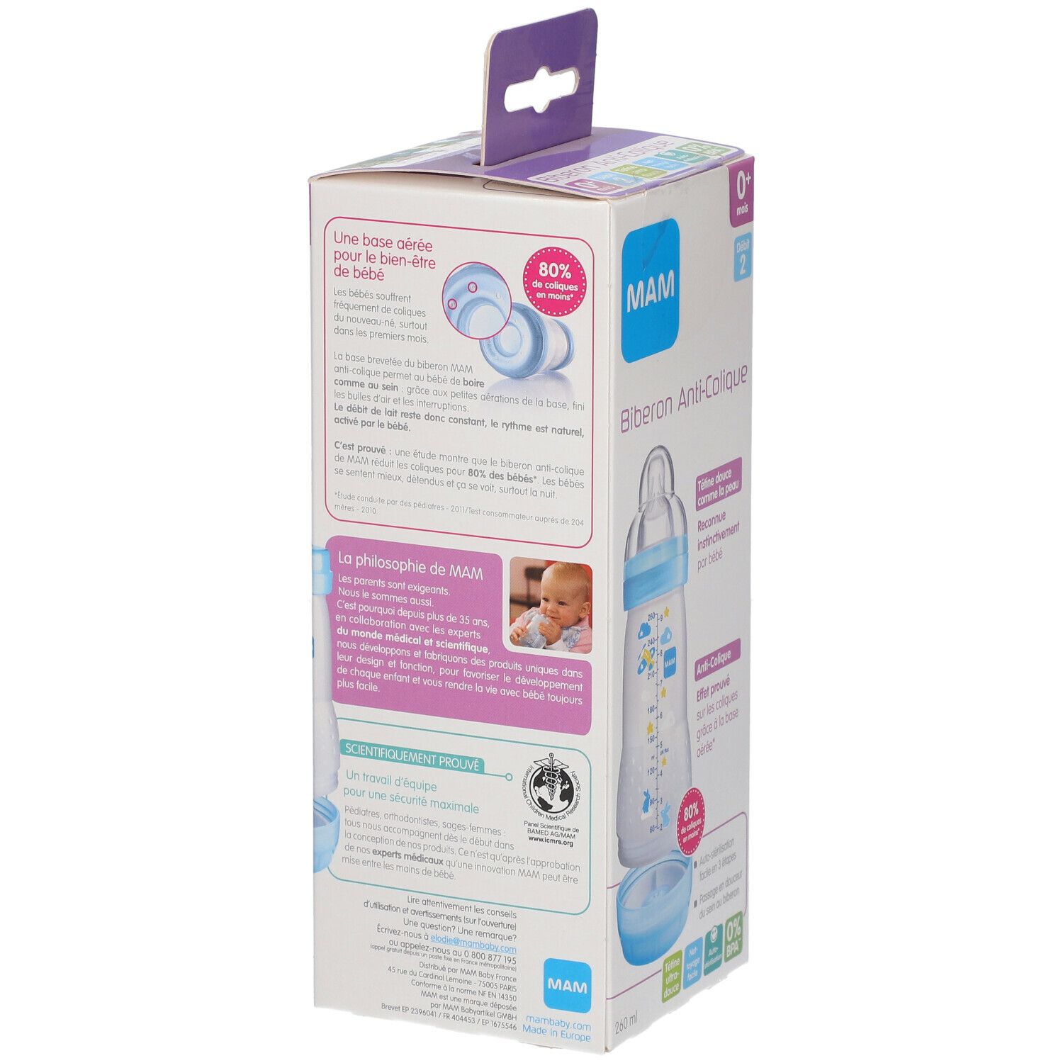 MAM Biberon anti-colique 260 ml de 0 à 6 mois motif Bleu