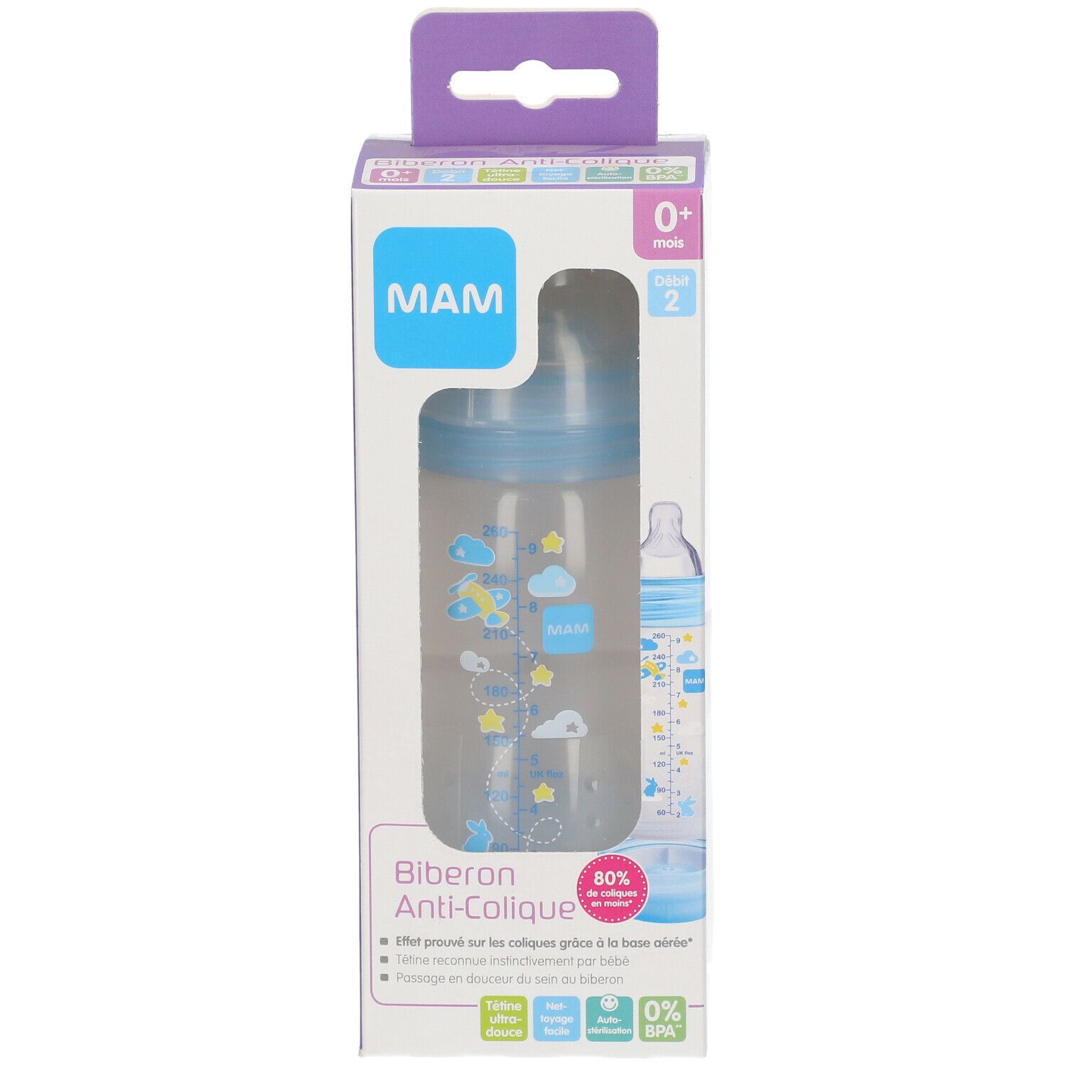 MAM Biberon anti-colique 260 ml de 0 à 6 mois motif Bleu