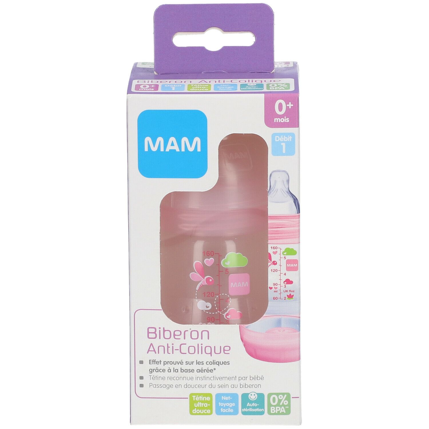 MAM Biberon anti-colique 160 ml de 0 à 6 mois motif Rose