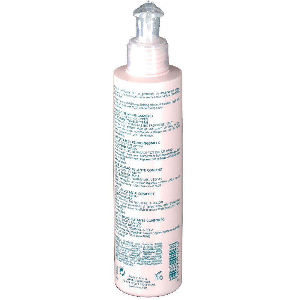 Dos du flacon rose avec texte multilingue. Contient des informations sur le produit et les ingrédients. Avec les coordonnées du fabricant.