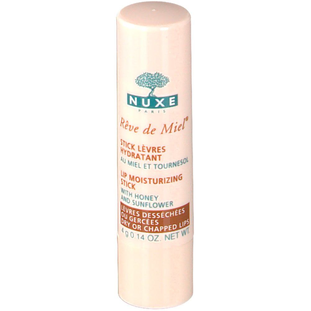 Stick lèvres hydratant Nuxe. Logo et nom de la marque. Inscription: Stick Lèvres Hydratant, Lip Moisturizing Stick, Levres Dessechees.