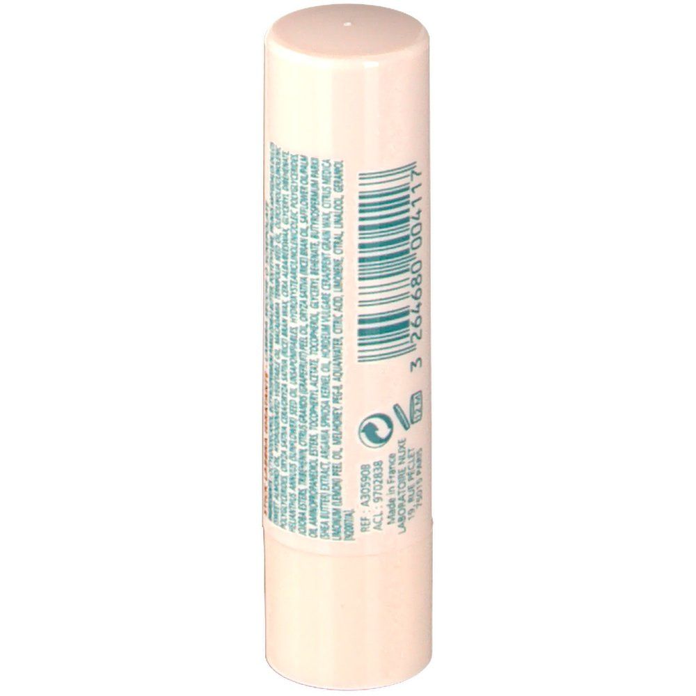 Stick à lèvres, dos. Texte: Ingrédients, numéro de lot, code-barres. Logo. Informations fabricant.