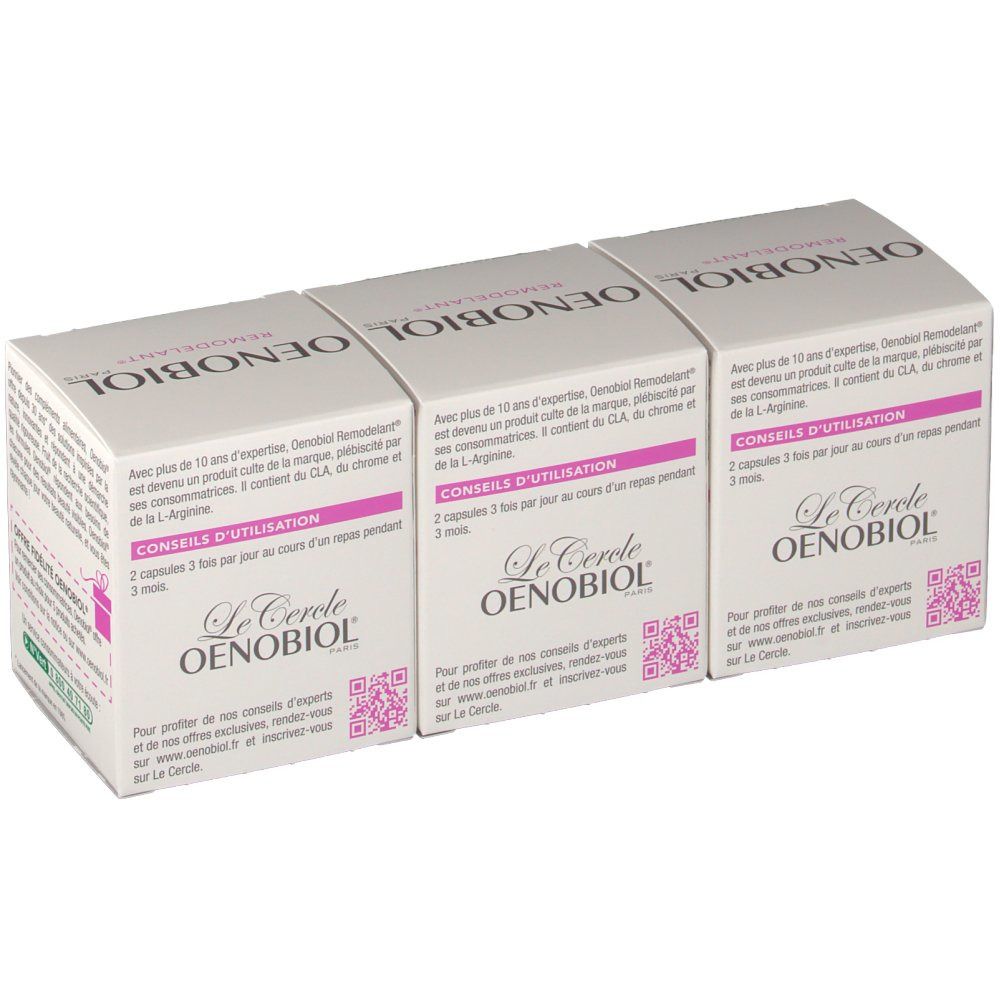 Trois boîtes Oenobiol Remodelant®. Emballage blanc avec accents roses et texte. Contient des gélules.