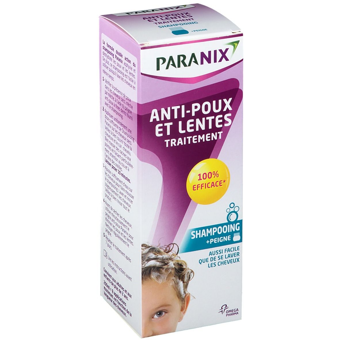 Boîte PARANIX Anti-Poux et Lentes Shampoing + Peigne. Design violet et blanc avec nom et logo du produit. 100% efficace.