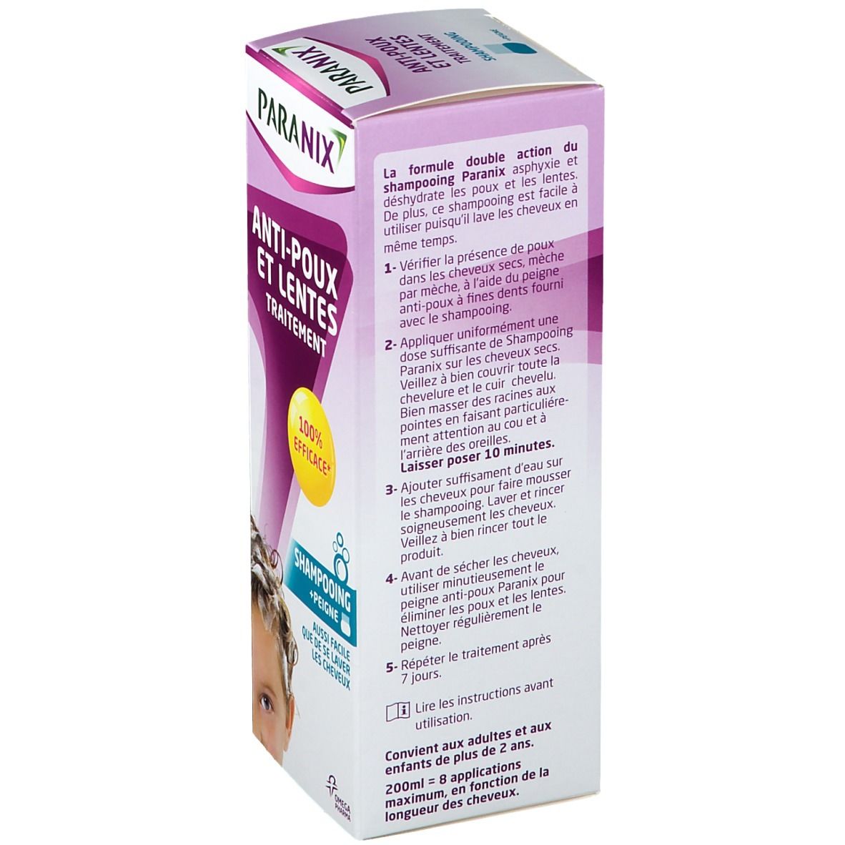 Dos de la boîte PARANIX Anti-Poux et Lentes. Instructions d'utilisation, informations textuelles et coordonnées du fabricant.