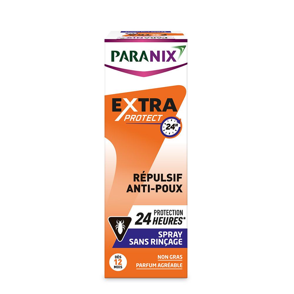 Boîte avec étiquette produit. Zone orange avec texte: EXTRA PROTECT, Répulsif Anti-Poux, Protection 24 heures, Spray sans rinçage.