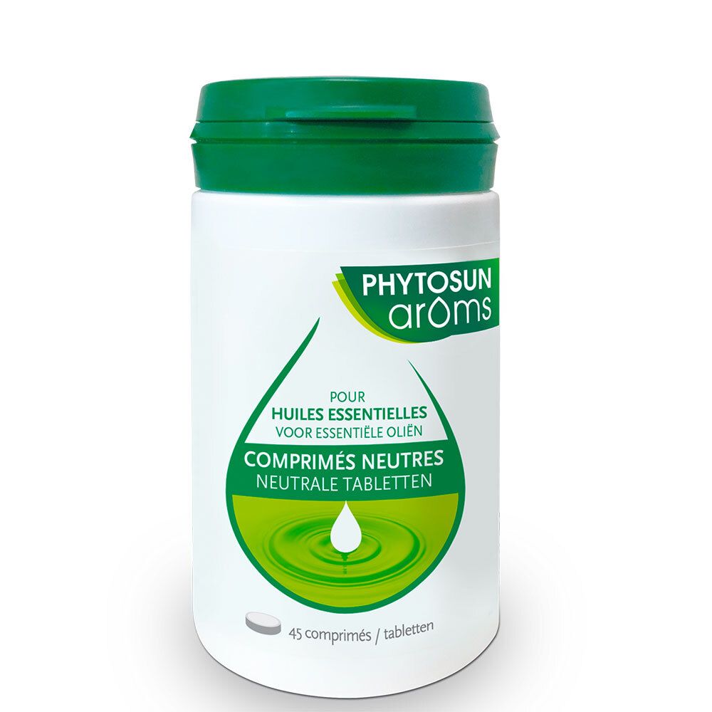 Flacon blanc, bouchon vert. Inscription: Phytosun Aroms, pour huiles essentielles, comprimés neutres. 45 comprimés.