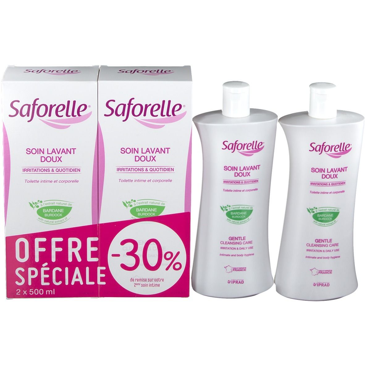 Boîte avec deux produits et deux flacons. Inscription: Saforelle, Soin Lavant Doux, 2en1, Inconfort Intime & Quotidien. Offre spéciale -30%.