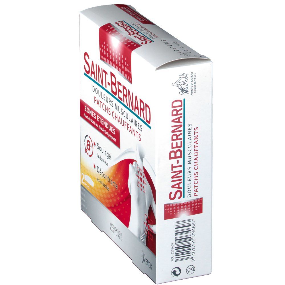 Boîte de Saint Bernard patch chauffant. Emballage rouge et blanc avec nom du produit. Vue de côté.