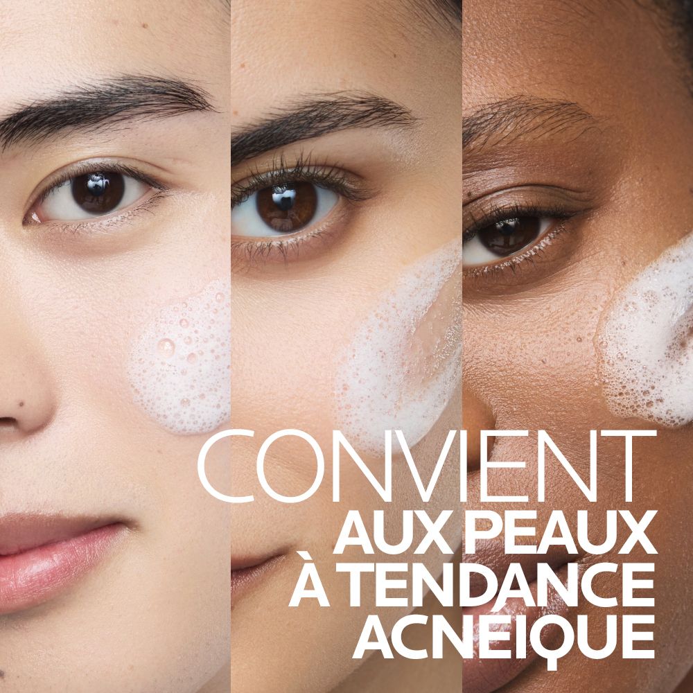 Collage de visages de diverses ethnies avec mousse, texte : "Convient aux peaux à tendance acnéique".