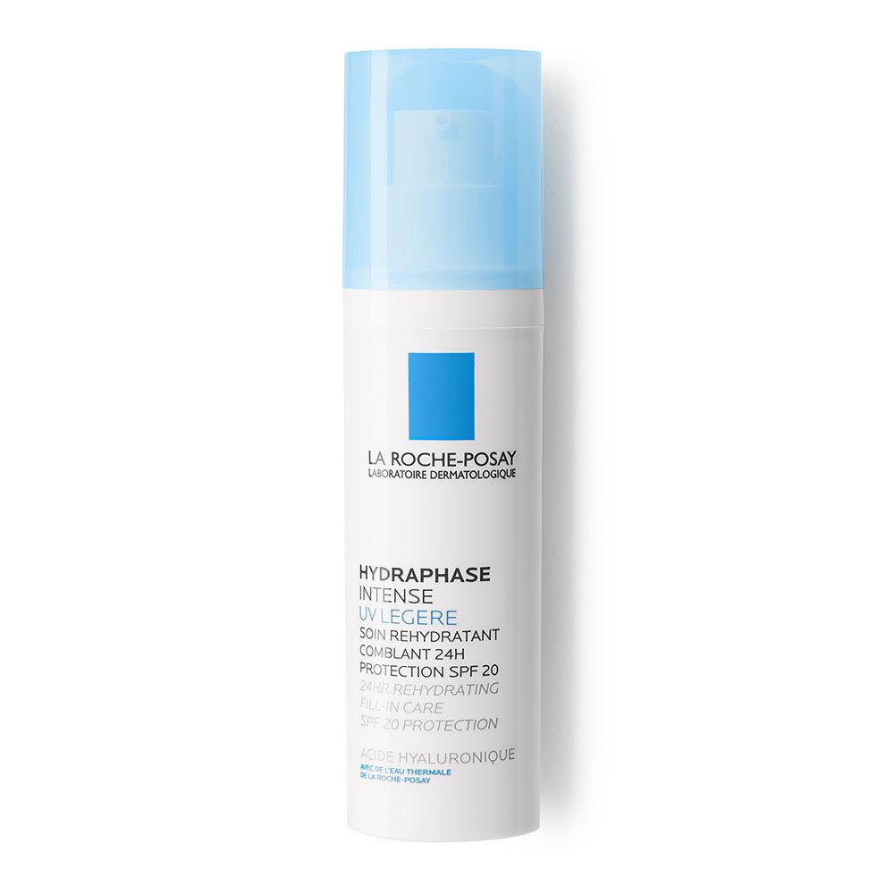 Flacon blanc avec bouchon bleu. Inscription: LA ROCHE-POSAY, HYDRAPHASE INTENSE UV LEGERE, SPF 20.