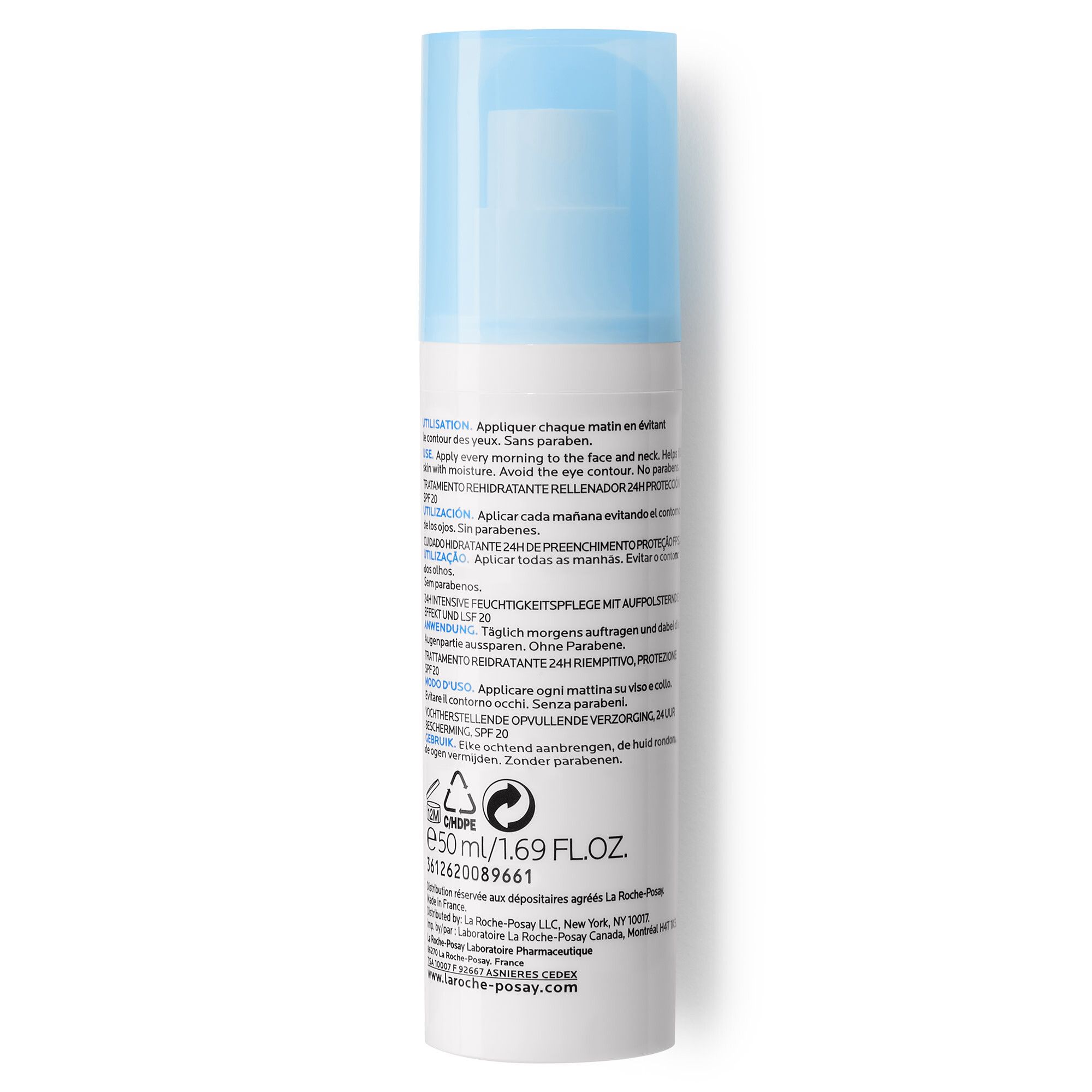 Dos du flacon blanc avec bouchon bleu. Texte multilingue. Volume: 50 ml.