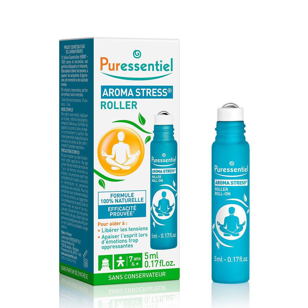 Roll-on bleu et blanc avec bouchon blanc. Inscription: Aroma Stress Roller. 5ml. Avec emballage.