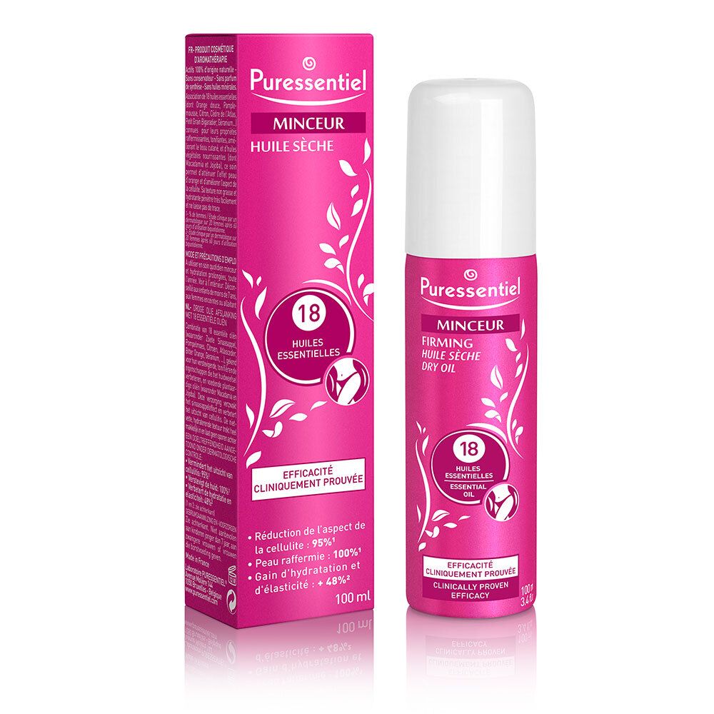 Flacon et emballage roses. Nom du produit et 18 huiles essentielles. Efficacité cliniquement prouvée. 100 ml.
