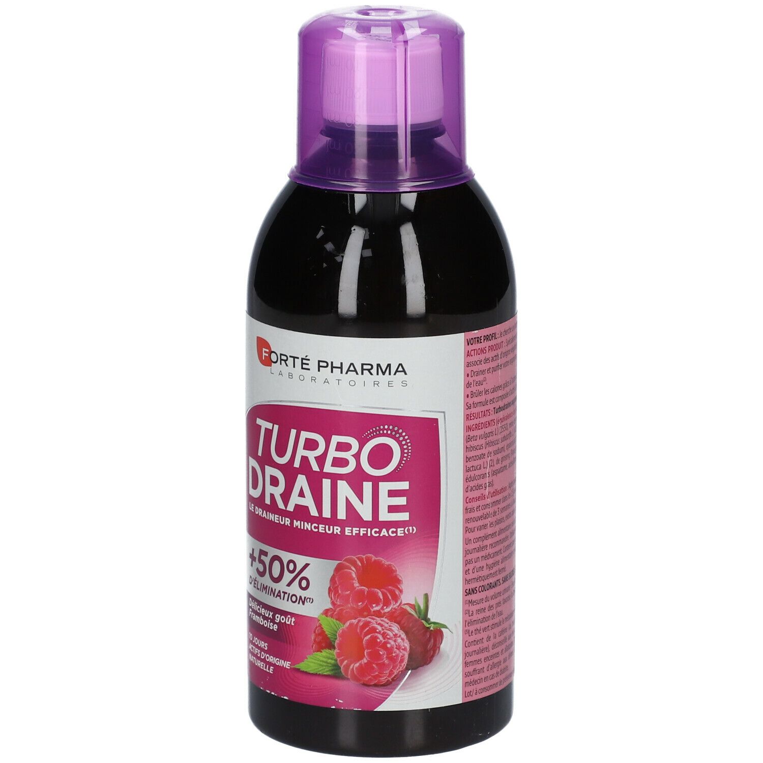 Forte Pharma Turbodraine Minceur: Liquide foncé dans une bouteille à bouchon violet. Framboises et feuilles sur l'étiquette.