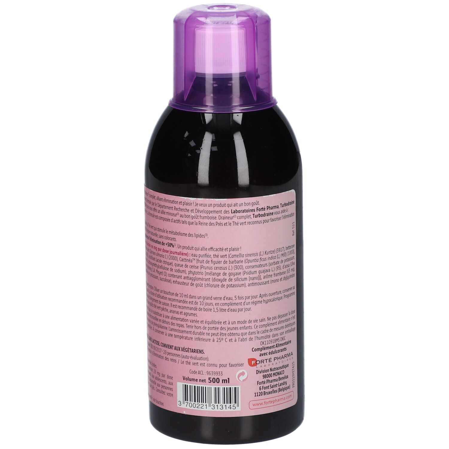 Forte Pharma Turbodraine Minceur: Bouteille de liquide foncé, bouchon violet, dos avec étiquette et indication 500ml.