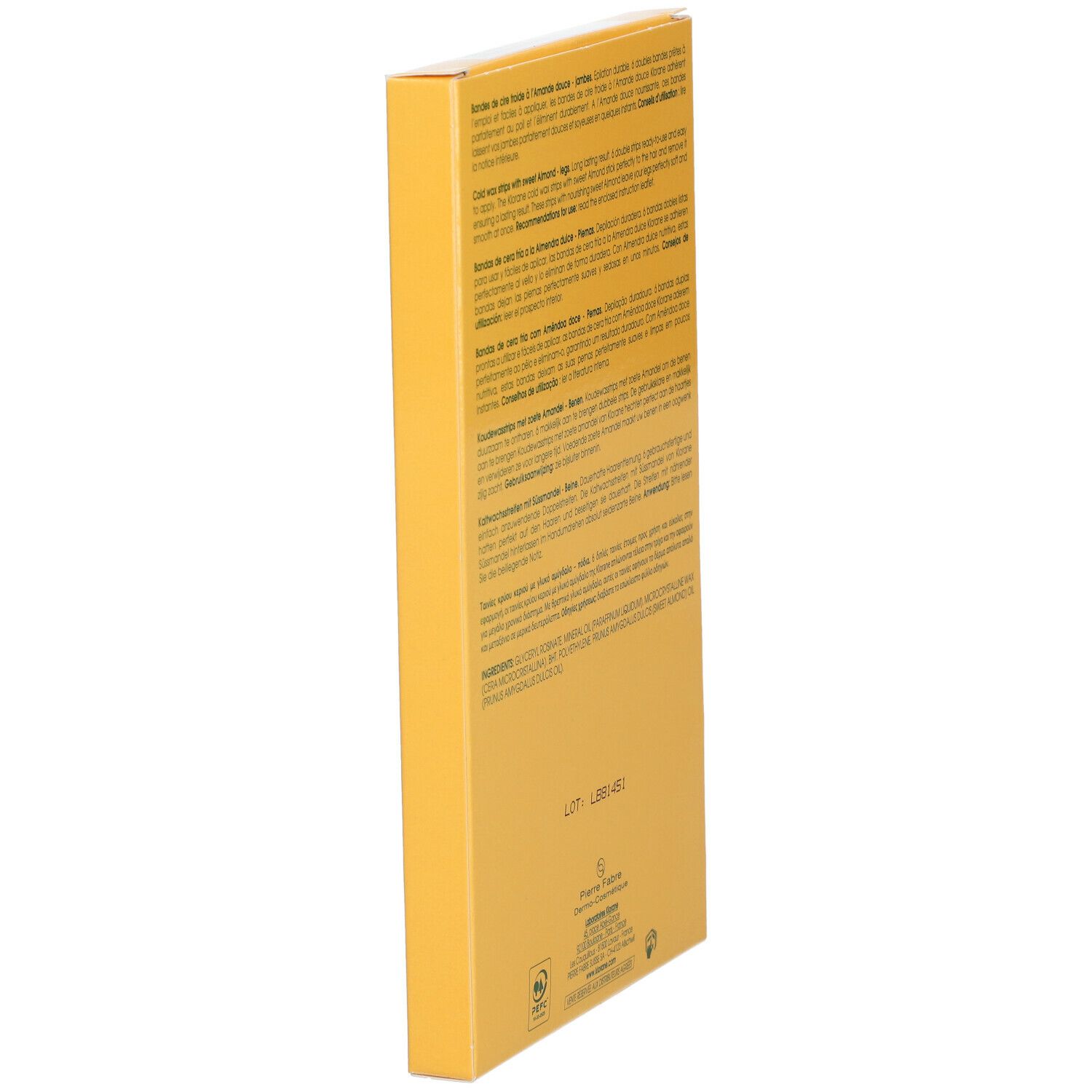 Dos de la boîte jaune en biais. Texte en plusieurs langues. Ingrédients et informations du fabricant.