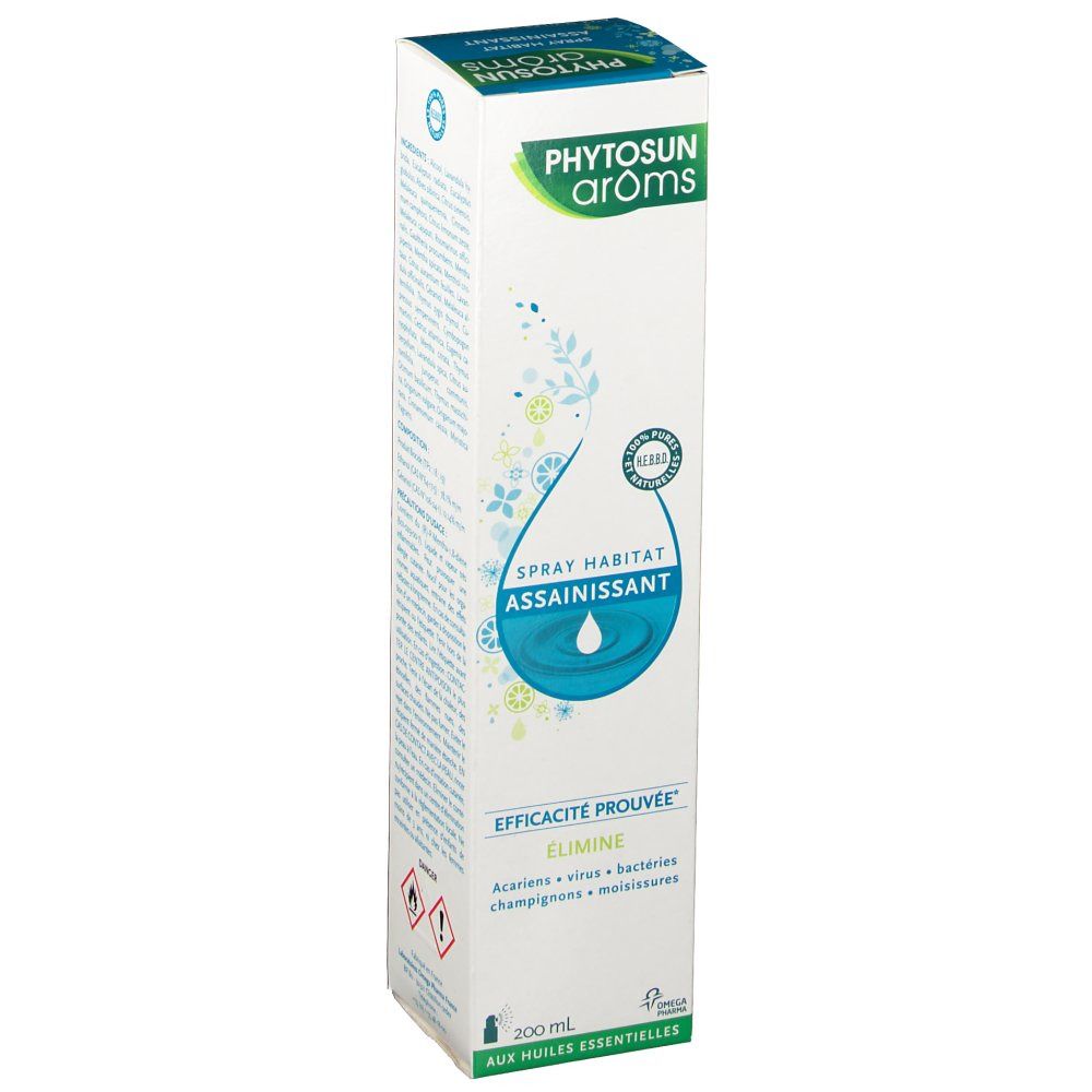 Boîte Phytosun Aroms. Inscription: Spray Habitat Assainissant, Efficacité prouvée, Élimine.