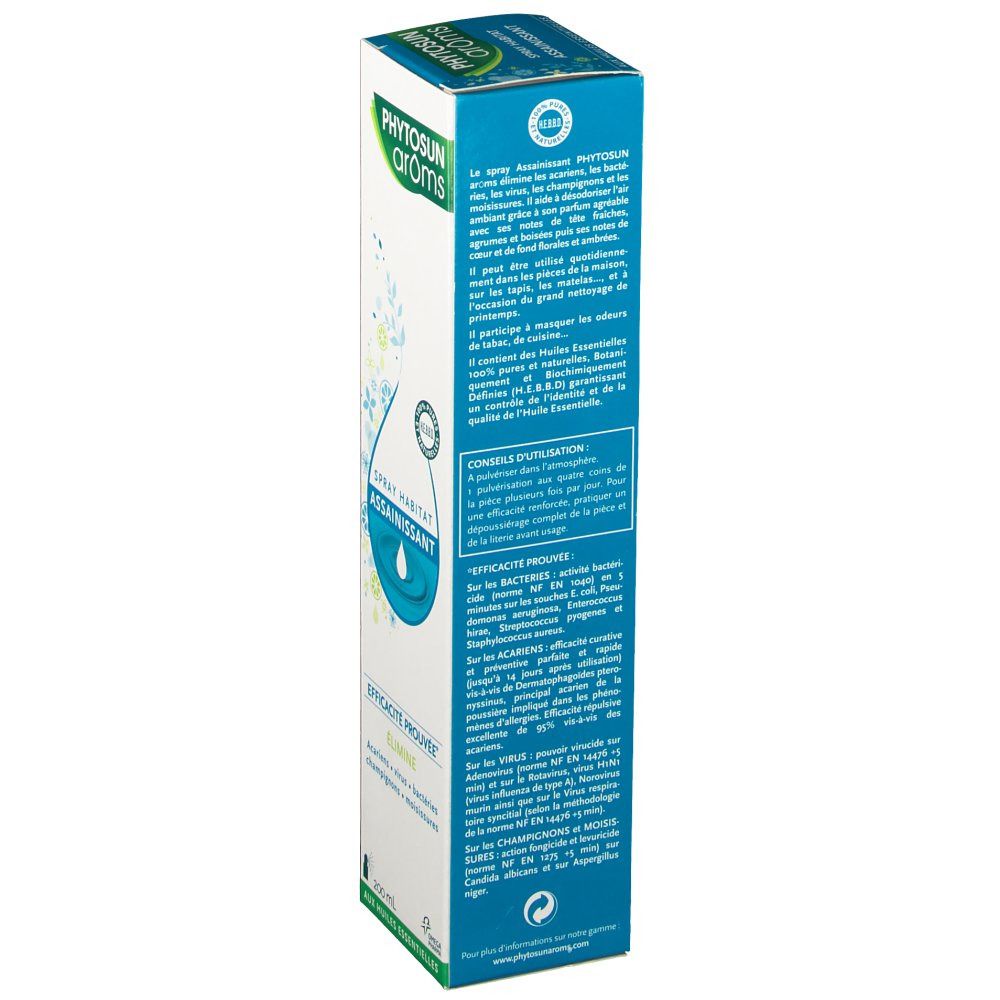 Boîte Phytosun Aroms. Texte: conseils d'utilisation, efficacité, bactéries, virus, champignons. Éco-label.