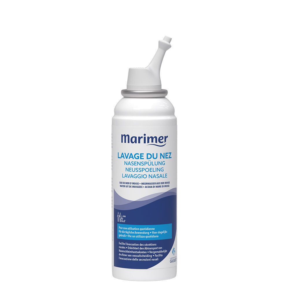 Spray nasal avec capuchon. Logo Marimer et texte. Pour l'hygiène nasale quotidienne. Texte multilingue.
