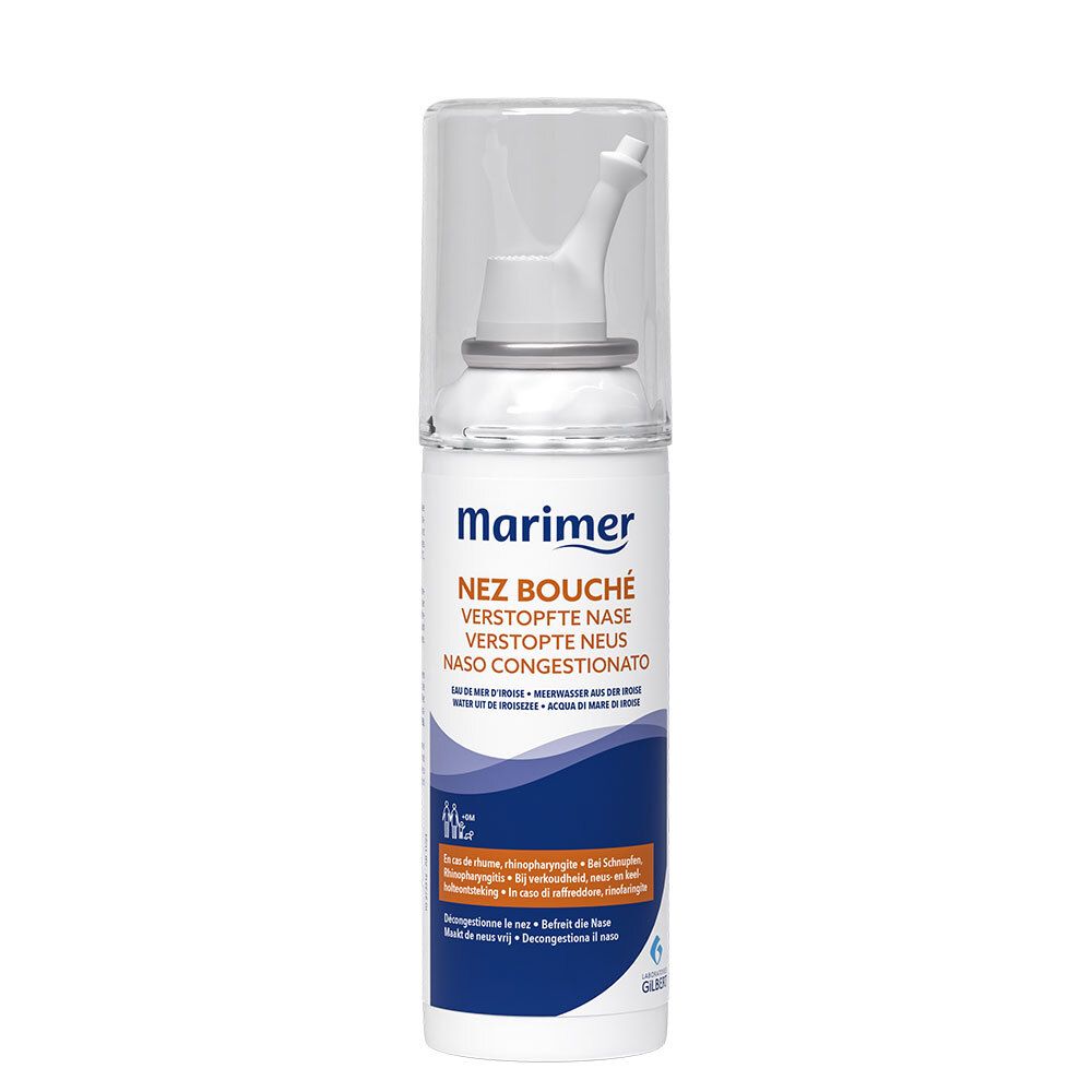 Spray nasal avec embout. Inscription : Nez Bouché, Verstopfte Nase, Naso Congestionato. Avec capuchon.