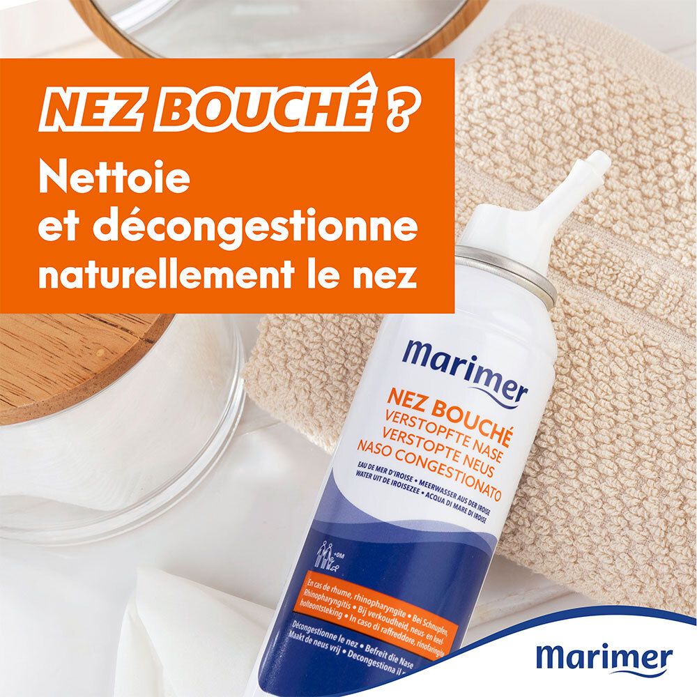 Marimer Nez Bouché spray nasal. Flacon avec embout. Texte: Nettoie et décongestionne naturellement le nez.