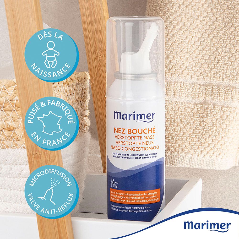 Marimer Nez Bouché spray nasal. Flacon avec embout. Logos et texte: Dès la naissance, Puisé & Fabriqué en France.
