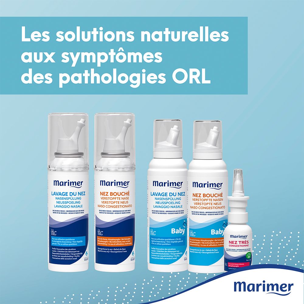 Différents sprays nasaux Marimer. Flacons avec embouts. Noms de produits et logos.