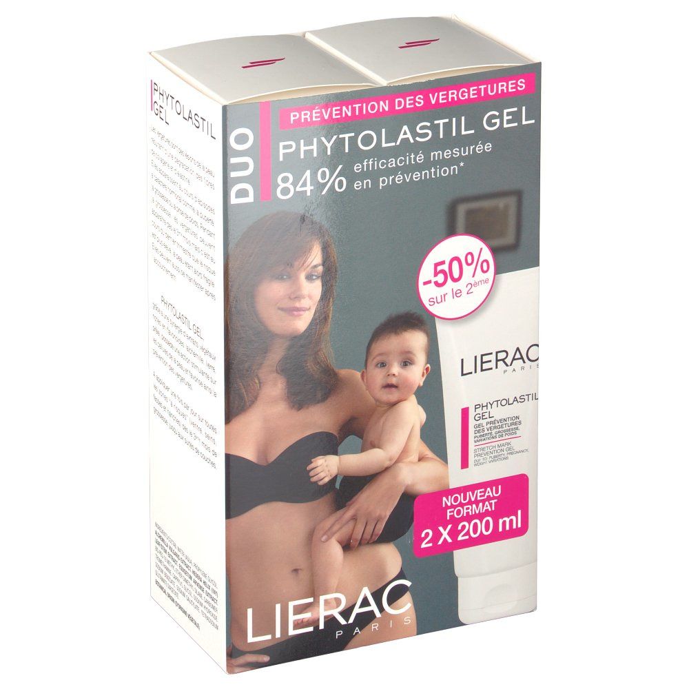 Boîte avec image produit. Femme et bébé. Texte : Lierac, Phytolastil Gel, Duo, 2x200 ml.