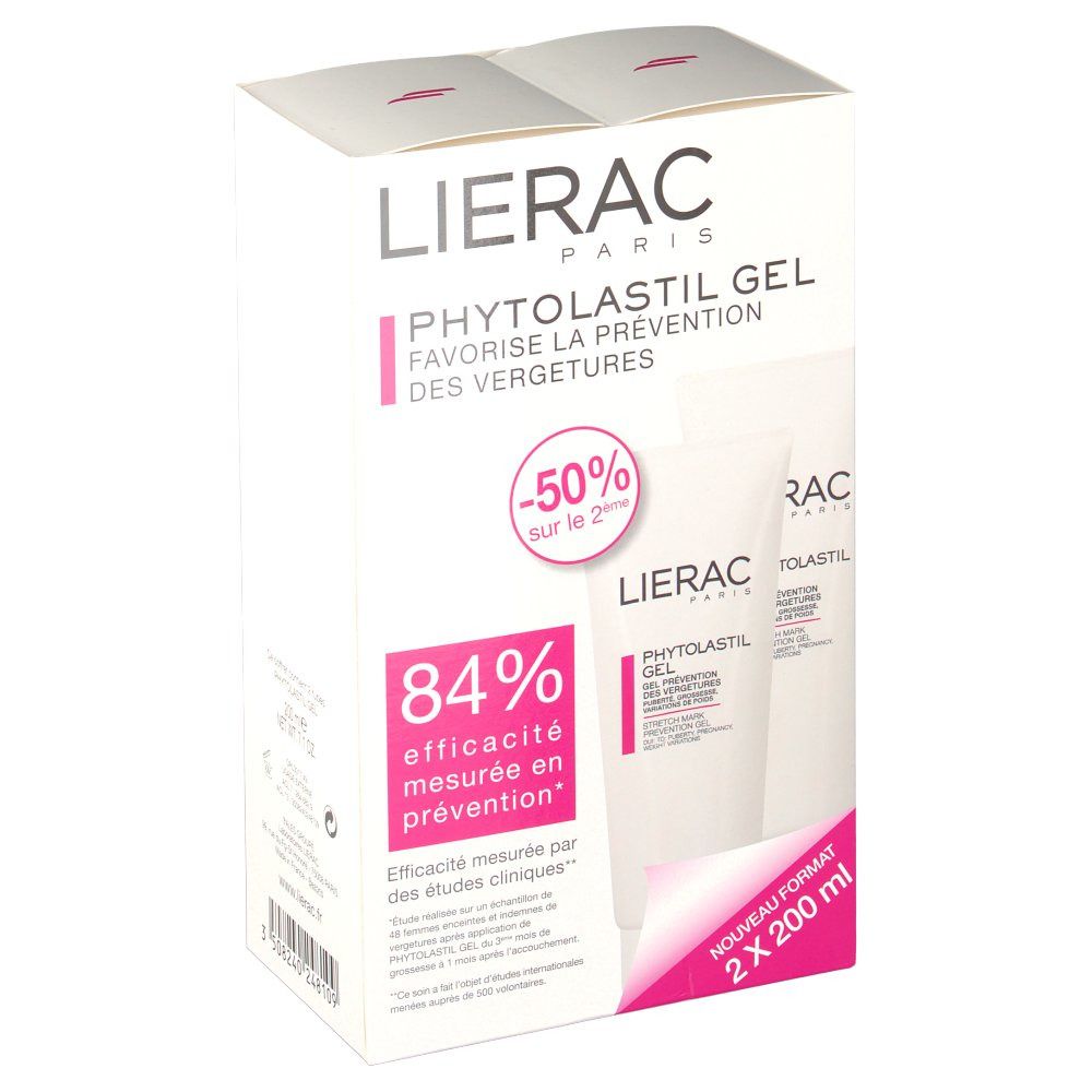 Boîte avec produit et texte : Lierac, Phytolastil Gel, 84% efficacité, 2x200 ml. Accents roses.