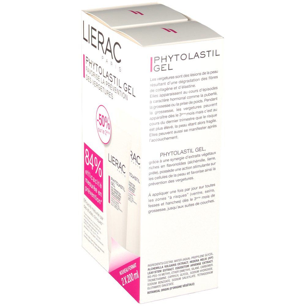 Boîte avec produit et texte : Lierac, Phytolastil Gel, 2x200 ml. Description et ingrédients.