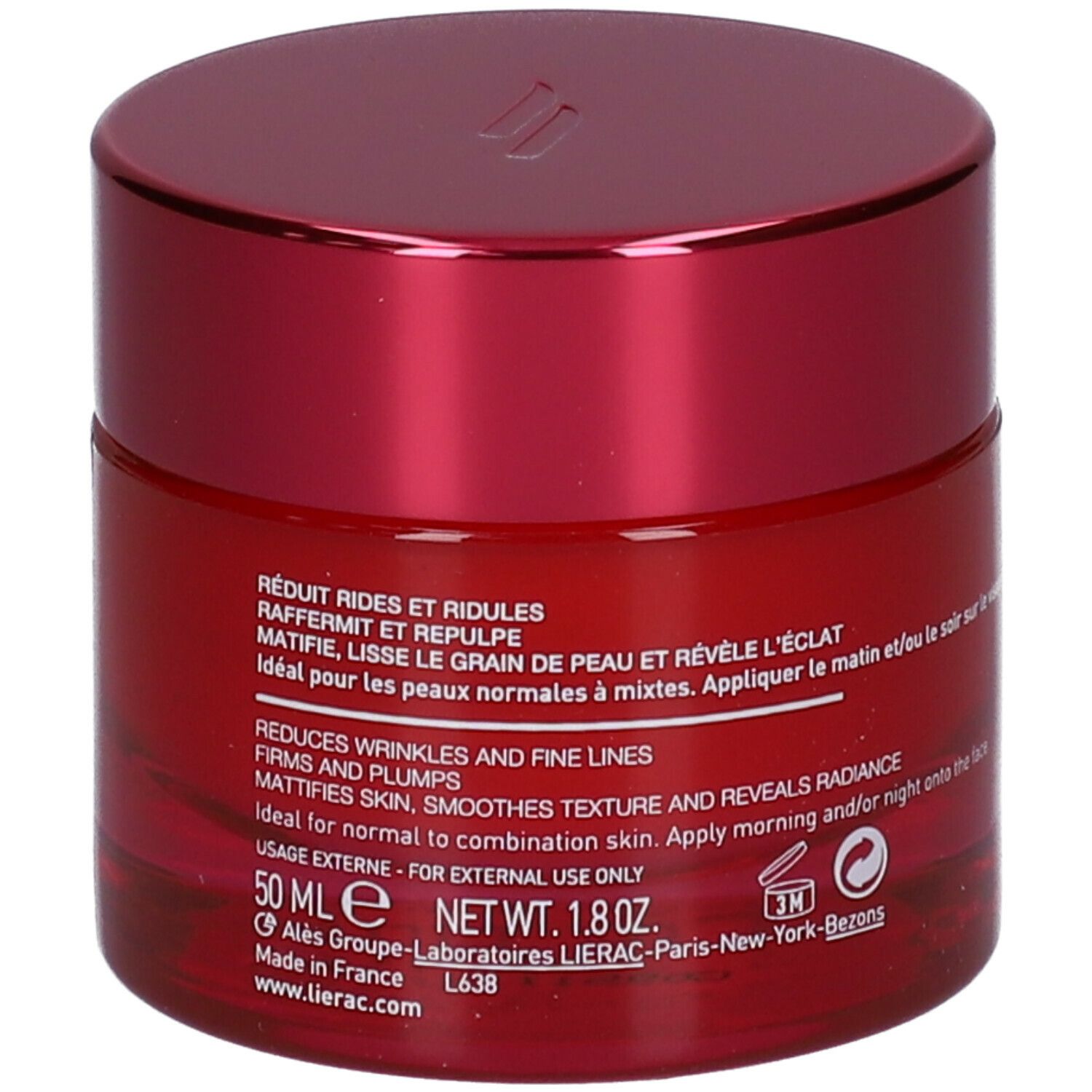 Pot rouge avec couvercle rouge. Inscription : Lierac, texte en blanc. Nom du produit illisible. Texte au dos.