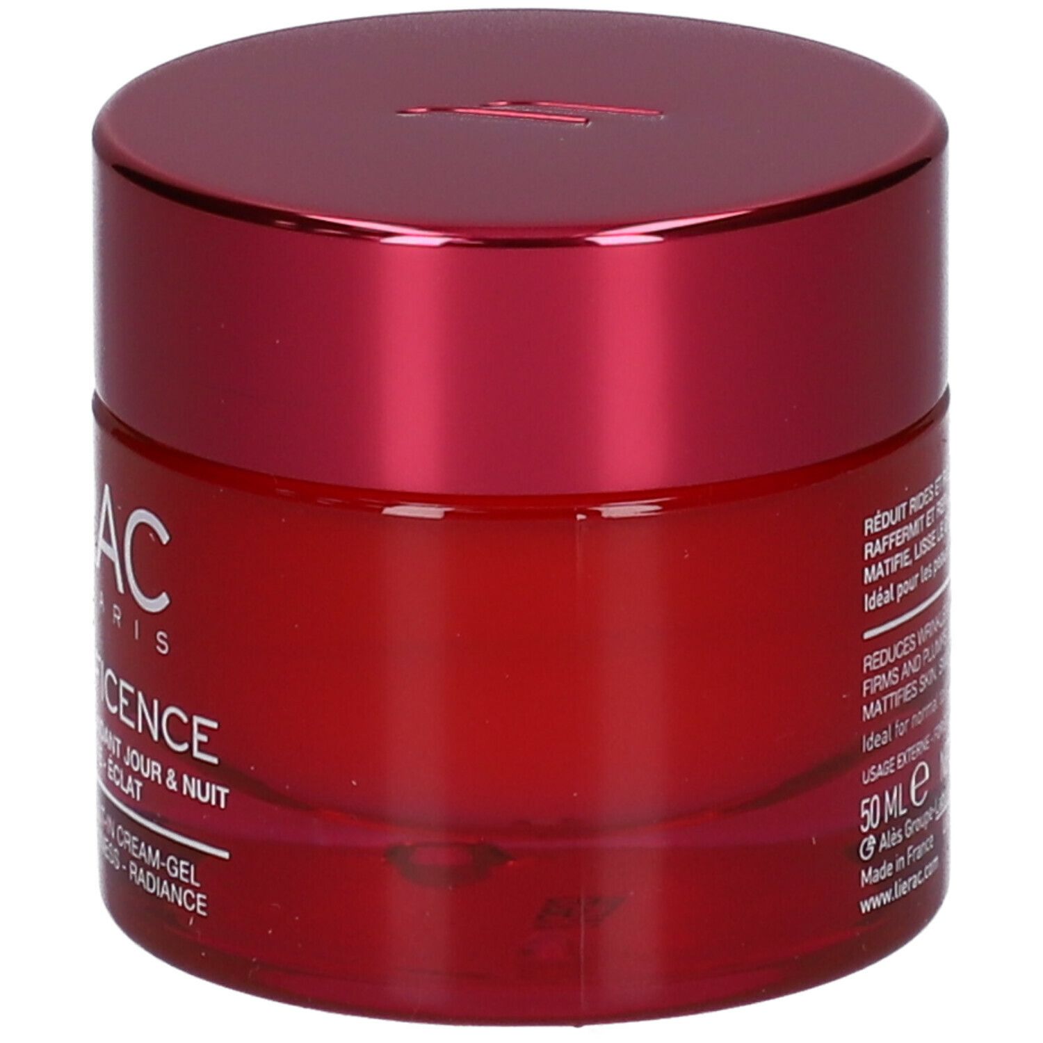 Pot rouge avec couvercle rouge. Inscription : Lierac, Magnificence. Texte en blanc. Nom du produit et marque visibles.