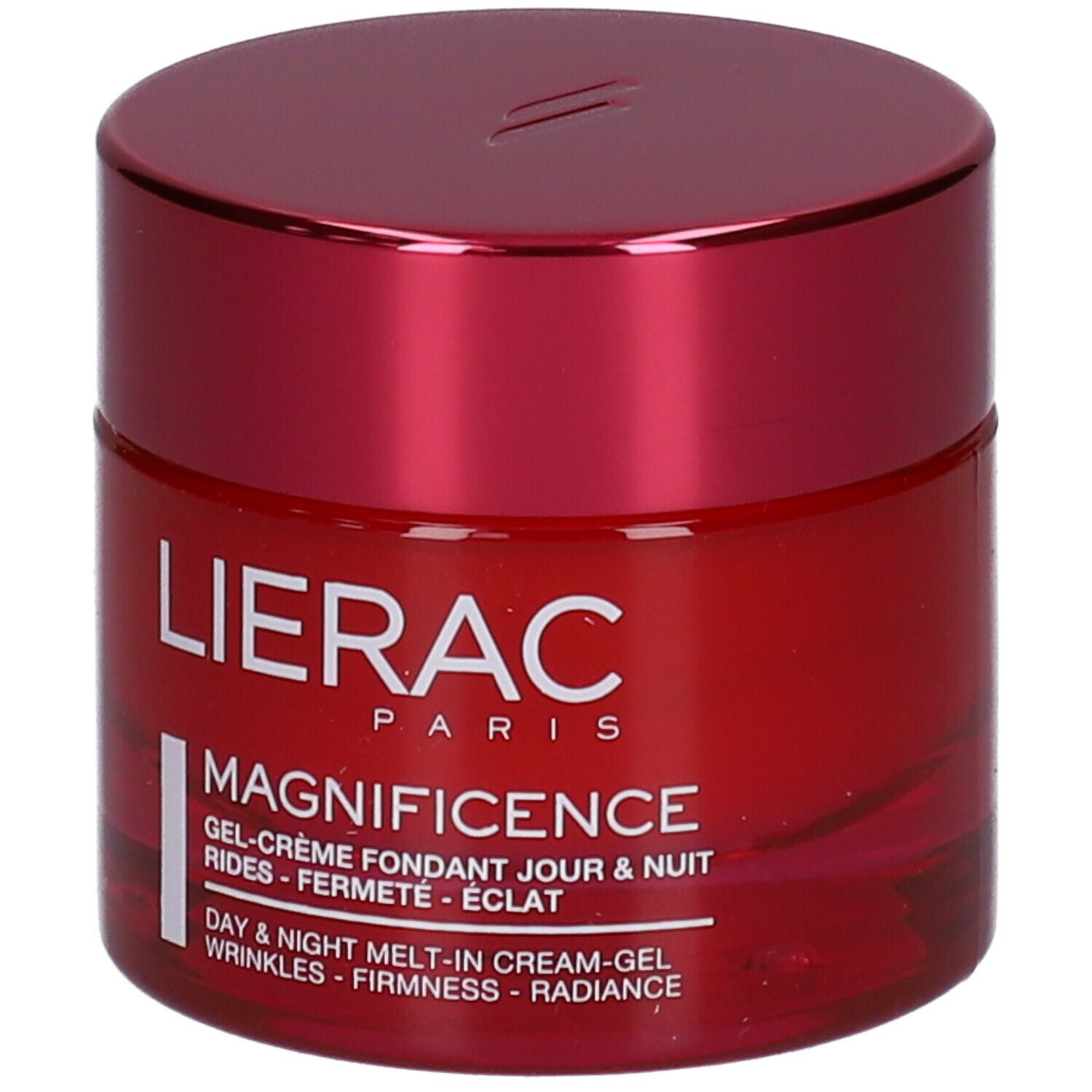 Pot rouge avec couvercle rouge. Inscription : Lierac, Magnificence. Texte en blanc. Nom du produit et marque visibles.