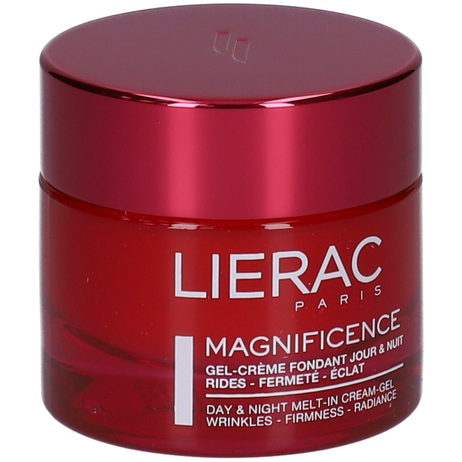Pot rouge avec couvercle rouge. Inscription : Lierac, Magnificence. Texte en blanc. Nom du produit et marque visibles.