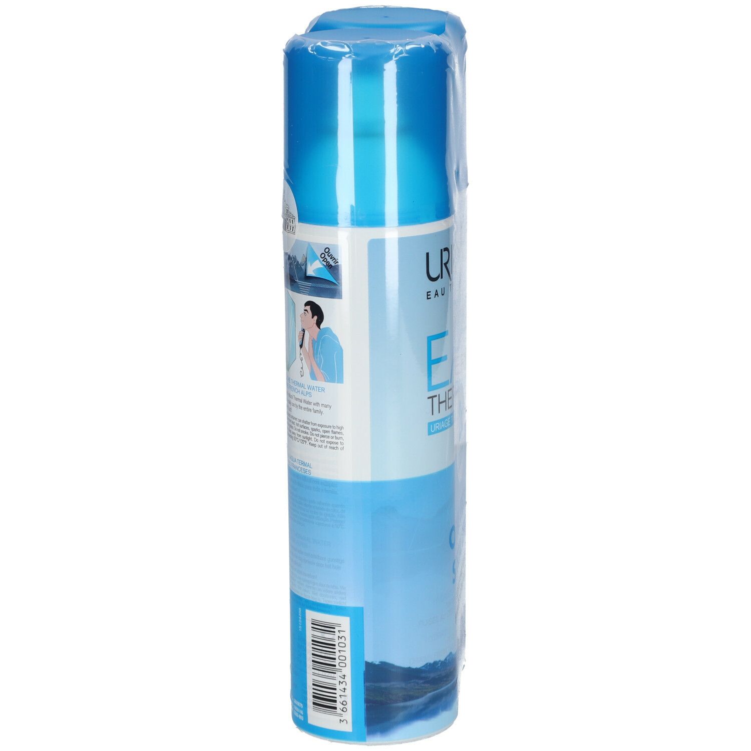 Spray bleu "URIAGE EAU THERMALE" emballé. Informations produit et code-barres visibles.