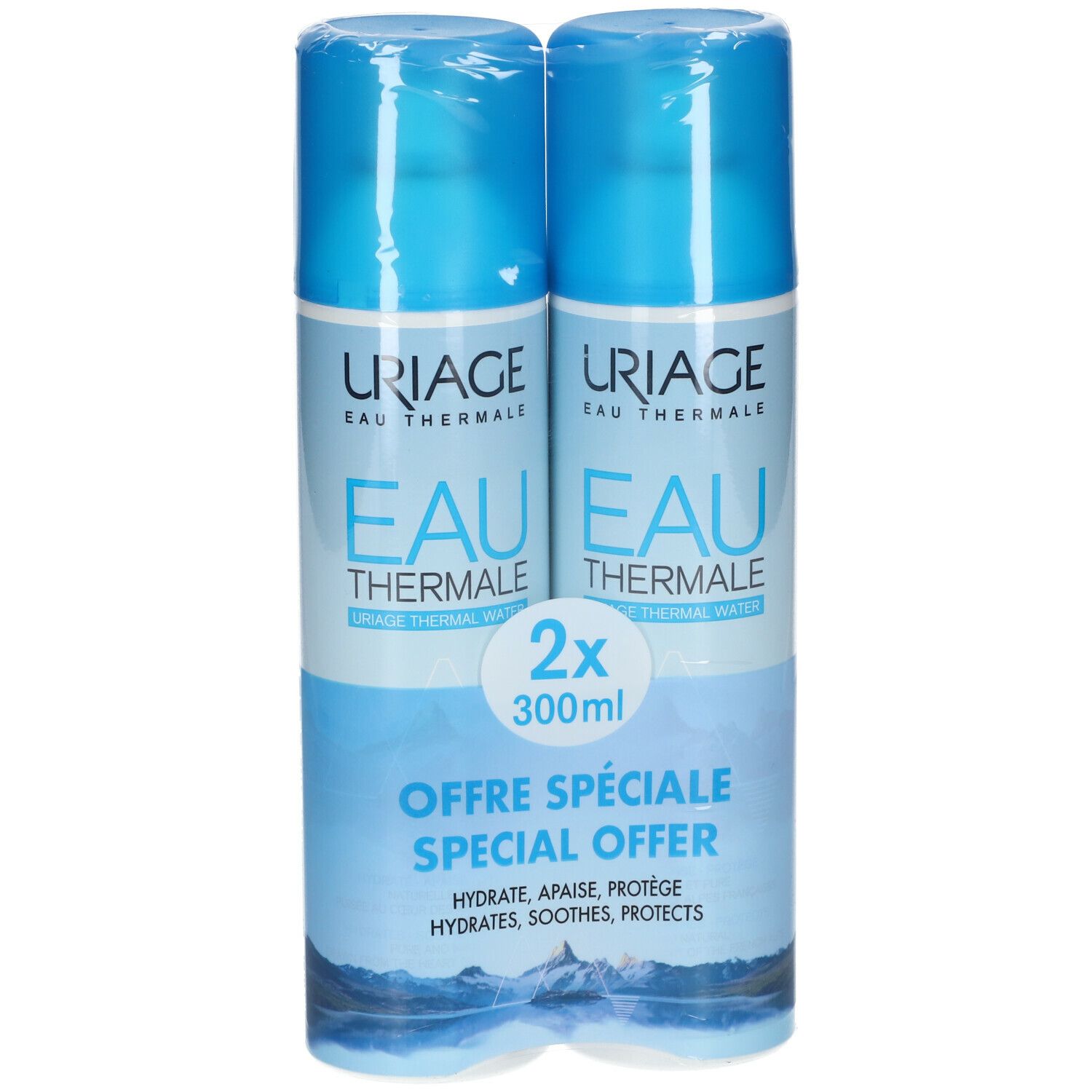 Deux sprays bleus "URIAGE EAU THERMALE" en emballage. "2x 300ml" et "OFFRE SPÉCIALE" visibles.