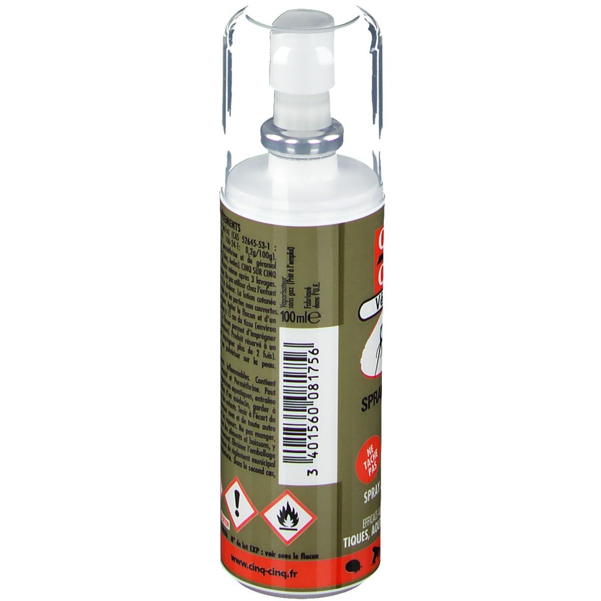 Flacon spray avec tête blanche et capuchon transparent. Étiquette avec informations, logo et symboles d'avertissement.