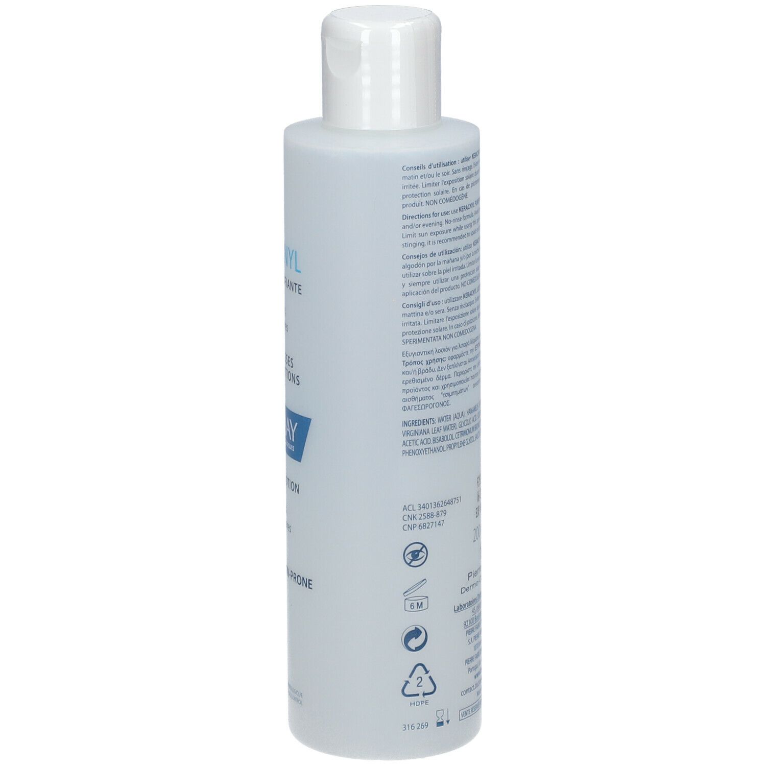Dos de la lotion nettoyante Ducray KERACNYL. Contient des informations et un code-barres.