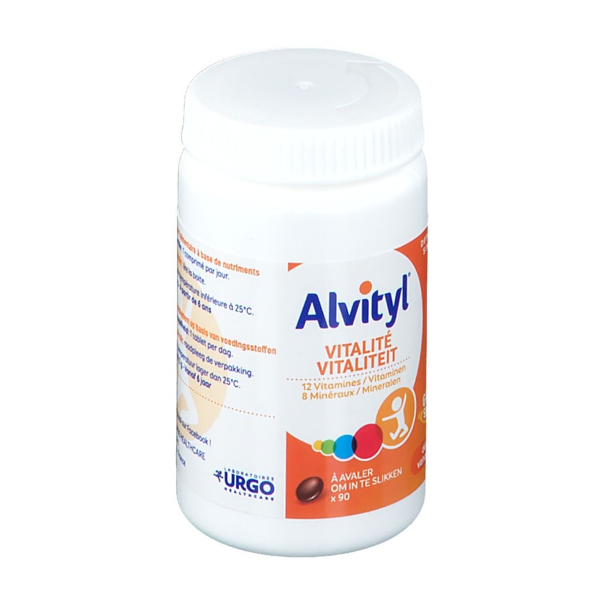 Flacon blanc avec étiquette orange. Inscription: Alvityl, Vitalité, 12 vitamines, 8 minéraux. Contient 90 comprimés.