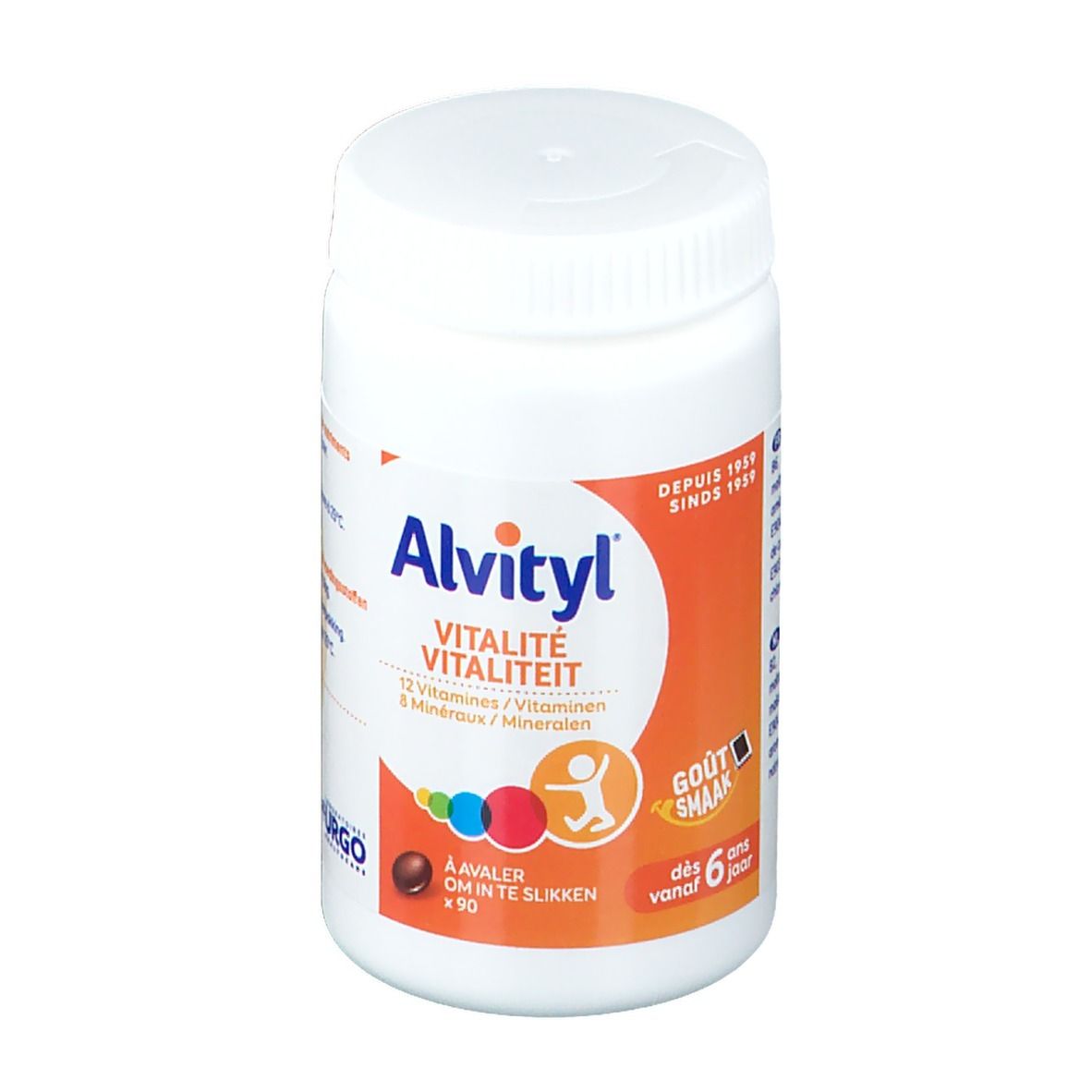 Flacon blanc avec étiquette orange. Inscription: Alvityl, Vitalité, 12 vitamines, 8 minéraux. Contient 90 comprimés.