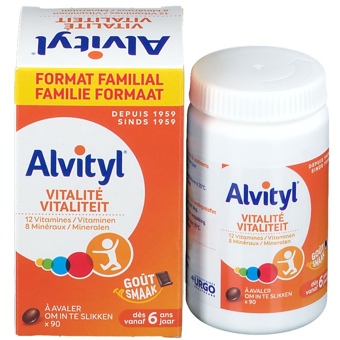 Emballage produit avec flacon et boîte. Inscription: Alvityl, Vitalité, 12 vitamines, 8 minéraux. Contient 90 comprimés.