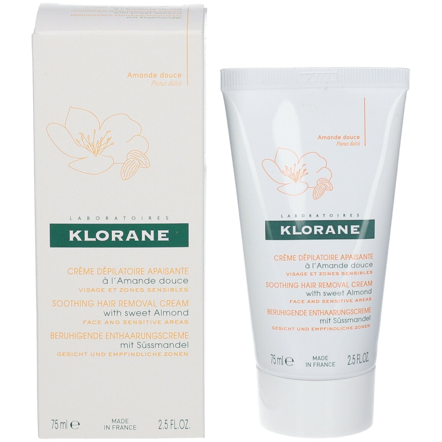 Crème dépilatoire KLORANE avec emballage. Tube et boîte côte à côte. Blanc avec design floral jaune. Texte: 75 ml.